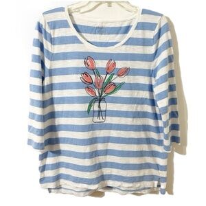 Talbots Striped Blue and White Pullover Three Quarter Sleeve Top Tulip Design